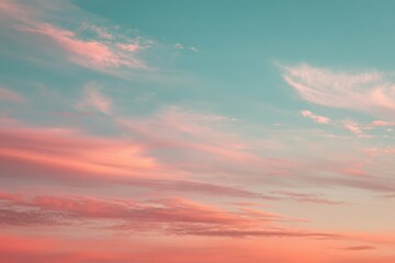 Obraz premium Subtle gradient sky blending warm peach into cool mint tones with wispy cloud formations and serene horizon line perfect for mindfulness meditation and tranquility wellness branding