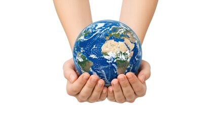Child's hands cradling a realistic globe, symbolizing care and environmental awareness