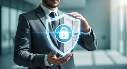 Modern businessman safeguards vital digital information with a glowing cyber security shield, ensuring data protection and internet privacy in a technology-driven world