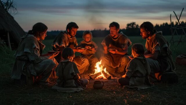 Families sit around a fire, enjoying food and stories as dusk settles on a peaceful landscape
