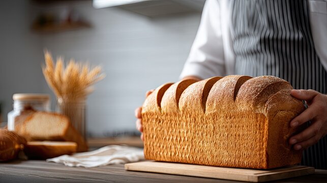 Bakers are working diligently in the background as a worker holds a tray of golden-brown sesame rolls ready for sale - Powered by Adobe