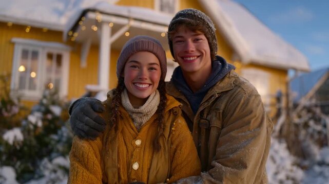 96Couple stands close in front of a freshly painted house with snow around, their gloved hands entwined, cheeks rosy from the cold, as the soft winter light paints everything in calm
