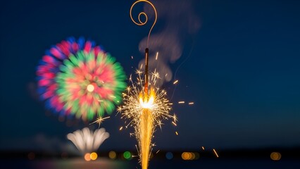 A sparkler blazing with fireworks in the background, night sky over a dark body of water