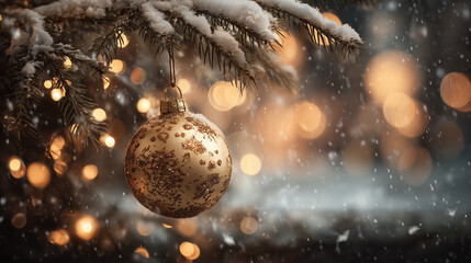 Golden ornament snow pine branch warm bokeh festive glow winter holiday glitter ball decoration golden ornament with glitter detail hangs from snow covered pine branch amid warm bokeh lights