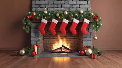 Cozy fireplace adorned with festive christmas decorations. Red stockings hang from the mantelpiece above a warm burning fire. Perfect for holiday season greetings and winter celebrations - Powered by Adobe