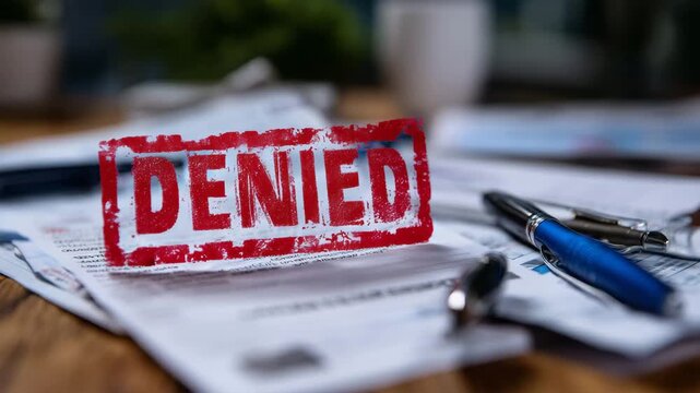 209Overhead view of paperwork with vivid red DENIED stamp, scattered documents and pens around, emphasizing an unfavorable bureaucratic outcome
