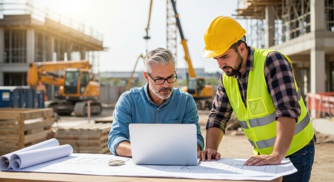 Senior engineer and foreman intensely discuss building plans using a laptop at an active construction site, ensuring efficient project development and teamwork