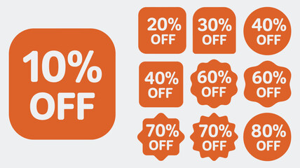 Red sale stickers and badges featuring bold percentage discounts from 10 to 80 percent designed for promotional vector graphics, marketing banners, and seasonal advertising layouts