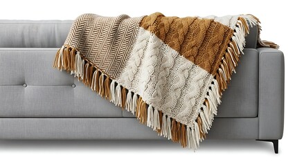 A cozy, patterned blanket with fringe drapes over a gray sofa, isolated on white