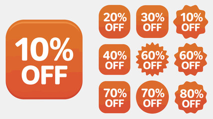 Red discount sale graphics highlighting percentage ranges from 10 to 80 percent suitable for promotional vector designs, retail advertising layouts, and marketing campaign artwork