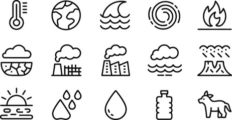 Collection of climate change and environmental icons representing global warming pollution natural disasters and the effects on animals and resources in a simple line art style