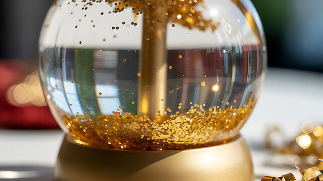 Golden glitter snow globe with a golden tree inside and reflections confetti