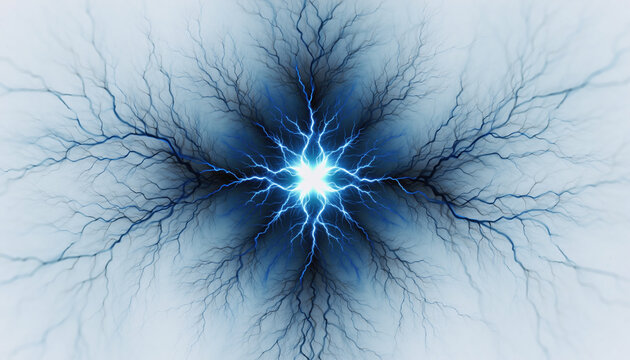 Powerful blue lichtenberg pattern shows abstract flow of electricity and energy. This scientific image of lightning discharge offers sense of intense, mysterious power