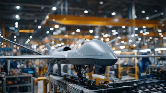 217Dark high-tech UAV resting on factory line, macro perspective on carbon-fiber textures, workers monitoring assembly, ambient soft lighting emphasizing innovation