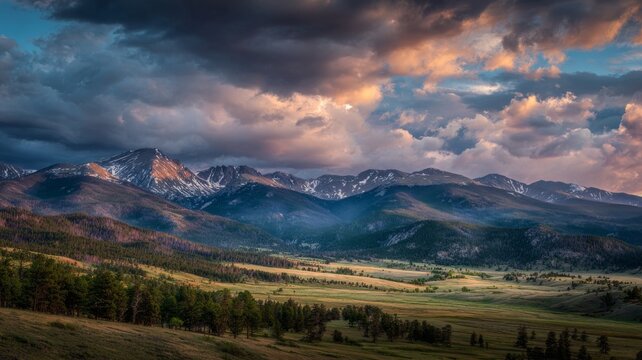 Tranquil sunset over rugged rocky mountains with dramatic clouds, scenic wilderness view, and expansive natural landscape perfect for travel and outdoor adventure - Powered by Adobe