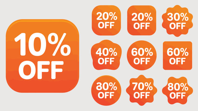 Red discount sale badges with clear percentage labels ranging from 10 to 80 percent ideal for promotional vector artwork, retail marketing designs, and special offer advertising visuals
