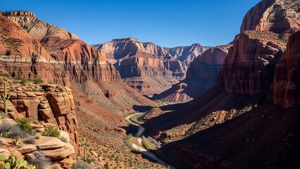Panoramic view of a deep canyon with layers of red rock formations under a clear blue sky