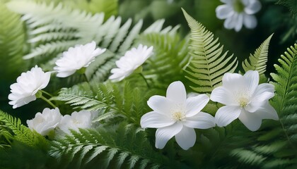 Delicate White Flowers And Green Ferns Nature Close Up Tranquil