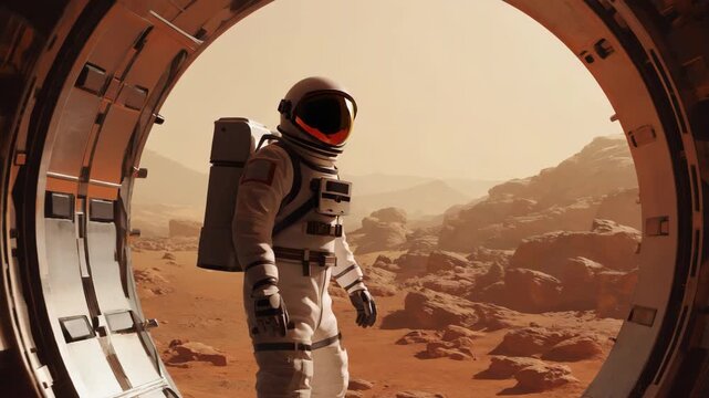 Astronaut in a spacesuit standing at the airlock of a base on mars. Space exploration mission and colonization of the red planet for future human settlement and discovery