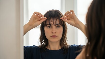 Naklejka premium Focused young brunette woman looking at her reflection in the mirror, carefully adjusting her fringe hairstyle with her hands at home