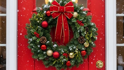 Festive wreath on a red door, dusted with snow, celebrating Christmas cheer