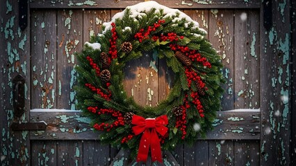 A festive wreath with red bow, berries, and pinecones adorns a weathered wooden door in snowfall