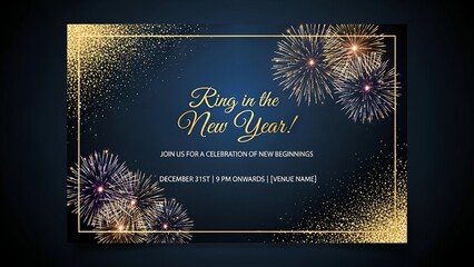Elegant invitation card with fireworks, gold accents, and a dark blue background
