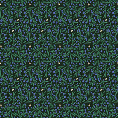 A seamless pattern with purple berries. A design featuring blueberries, leaves, and bees.