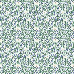 A seamless pattern with purple berries. A design featuring blueberries, leaves, and bees.