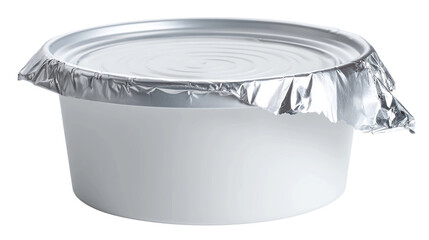 High-quality close-up of a white plastic yogurt cup with a partially peeled foil lid, isolated on a transparent background