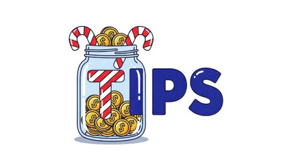 Tip jar filled with coins and striped candies illustration  