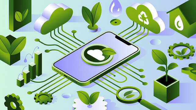Eco-friendly tech solutions for sustainable living, showcasing a vibrant isometric illustration of green technology and digital ecology for innovative businesses