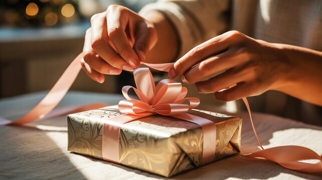 Gift Wrapping with Pink Ribbon A Festive Gesture of Giving and Celebration