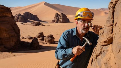 A geologist examines rock in a desert, with dunes and rock formations in the background