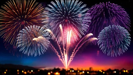 Vibrant fireworks night sky celebration festival colorful bursts light trails city skyline long exposure holiday pyrotechnic joy over glowing horizon festive energy dazzling night display dusk - Powered by Adobe