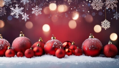 Festive Christmas Scene With Red Ornaments And Snowflakes