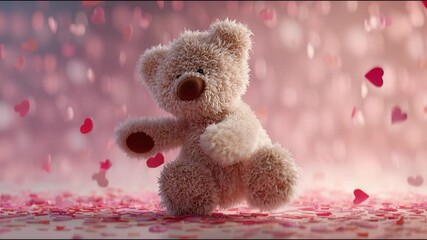 Cute teddy bear plush toy with soft fur in pastel pink, heart confetti and romantic bokeh background, cozy mood valentine theme gift, dreamy charm and tender warmth, sweet love vibe and warm affection - Powered by Adobe