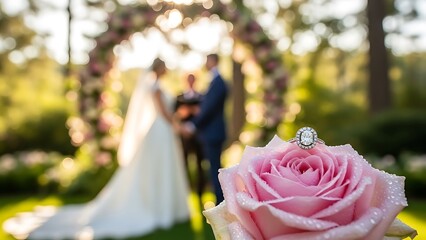 Stunning wedding ring sparkles atop a pink rose as the happy couple exchanges vows in the background on their special day, creating a romantic scene