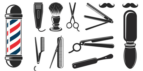 Barbershop and haircuts elements, 12 vector icons, salon tools, barber scissors, clippers, combs, razors, shaving brush, isolated on white background.