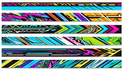 A collection of seven abstract banner designs. Each features dynamic geometric patterns with vibrant color palettes and dark backgrounds