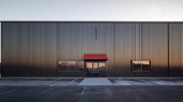Modern industrial warehouse exterior with metal siding, red awning, large windows, and an empty parking lot at dusk with soft evening light