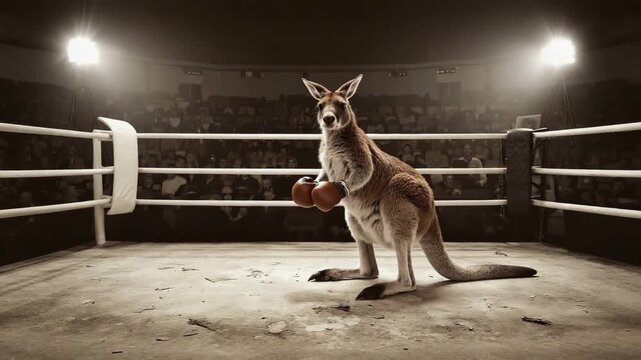 Kangaroo boxer wearing gloves in a vintage boxing ring under spotlights. Humorous concept of an animal athlete ready for a championship fight in front of a cheering crowd
