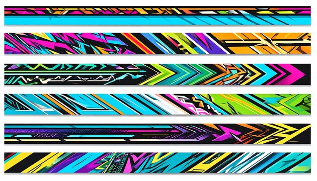 A collection of seven abstract banner designs. Each features dynamic geometric patterns with vibrant color palettes and dark backgrounds