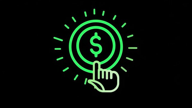 Green neon icon of a hand clicking a dollar coin symbolizing pay per click