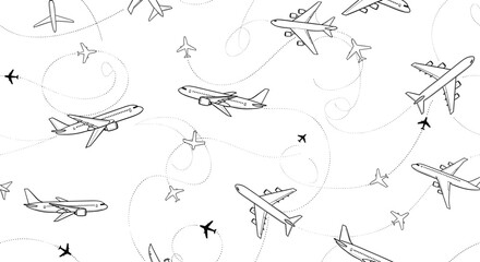 Obraz premium Seamless Hand-Drawn Outline Vector Pattern of Airplanes and Dotted Flight Paths, Illustrating Global Travel, Aviation, Logistics, Transportation Network, and Worldwide Passenger Movement Background.