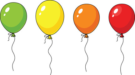 Vibrant Set of Four Round Helium Balloons Vector Illustration in Bright Green, Yellow, Orange, and Red Colors with Strings, Ideal for Birthday Parties, Festive Events, Decoration, and Celebration Desi © Rubya