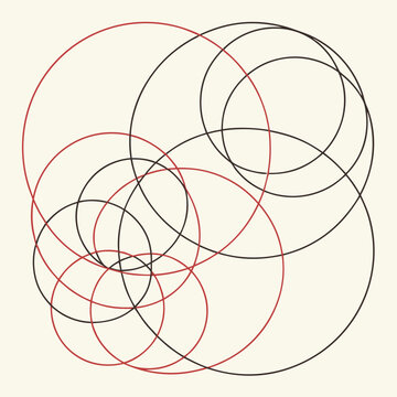 Interlocking red and black circles on a cream background