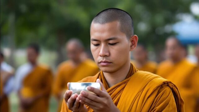 A shavedhead monk holding a silver bowl surrounded by other monks in orange robes against a blurred natural backdrop