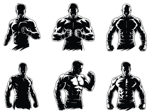 Aggressive Set of Six Vector Illustrations Featuring Muscular Male Fighters or Boxers in Striking Poses, Highlighting Strength, Power, and Athleticism with Dramatic Lighting.