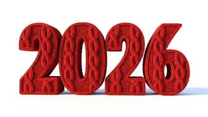 2026 in textured red knitted numerals on white background  